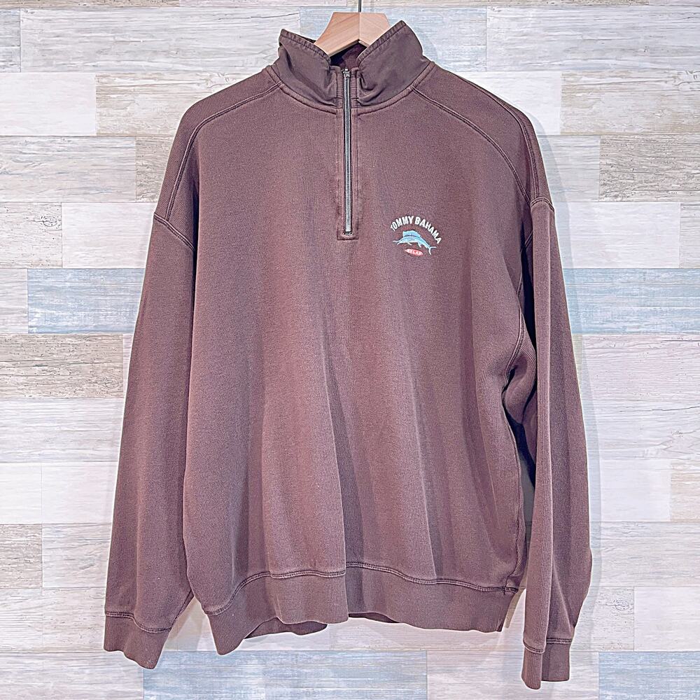 Tommy Bahama Relax 1/4 Zip Sweatshirt Brown Cotton Ribbed Mens Large